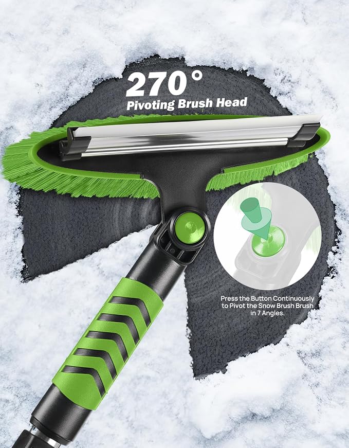 41.5IN Extendable Snow Brush and Ice Scraper, 270°Pivoting Snow Scraper Brush for Car Windshield, Telescoping Ice Scraper, Foam Grip, Heavy Duty Snow Remover for Cars, Trucks, SUV (Green)