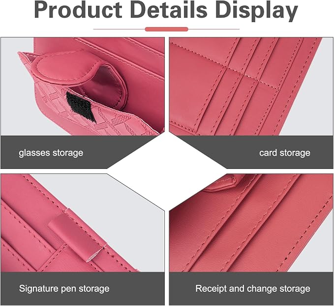 Car Sun Visor Organizer, Multi-Function Leather Car Visor Storage Pouch for Sunglasses Cards Licenses Pens, Multi-Pocket Visor Organizer, Universal for SUV, Sedan, Truck (Red)
