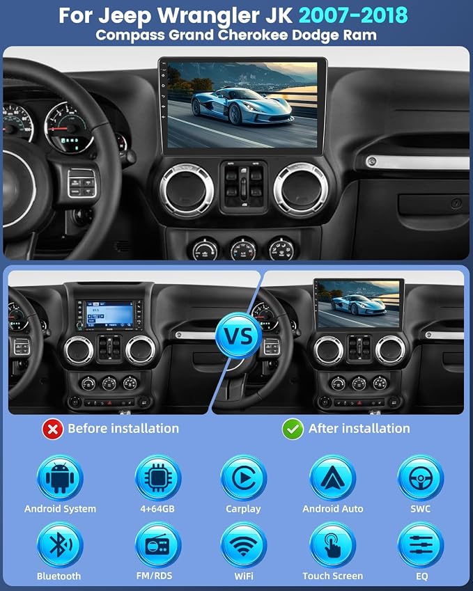 Car Radio Stereo for Jeep Wrangler JK 2007-2018 Compass Grand Cherokee Dodge Ram with Carplay/Android Auto Upgrade 4GB+64GB