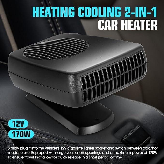 12V 170W Portable Car Heater, 2 in 1 Heating & Cooling, Electric Car Heaters Defroster with Plugs in Cigarette Lighter, fit The car of Fuse ≥ 15A, Fast Heating Defroster, 360° Rotation