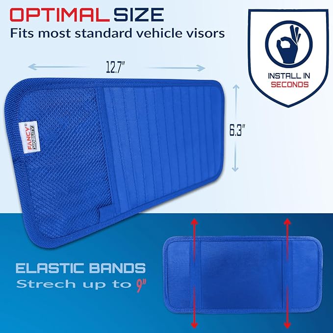 CD Case Holder for Car - Sun Visor Organizer for 12 CD’s/Dvd’s, 1 Mesh Pocket & 1 Horizontal Pen Holder - Safe, Ergonomic Design (Blue)