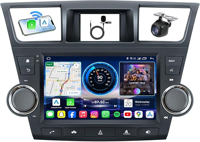 8 Core 4GB+64GB for Toyota Highlander 2008-2012 Car Radio Stereo Upgrade: Android 15, 9-Inch 1280 x 800 IPS, 5G Wireless CarPlay Android Auto, AM FM RDS, DSP, WiFi 6, GPS, SWC, Backup Camera