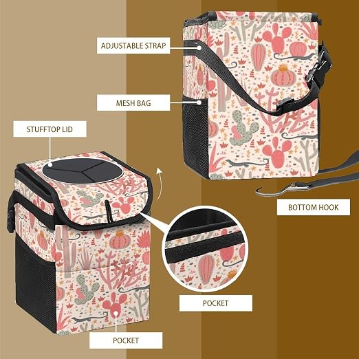 Tropical Cactus Car Trash Can, Waterproof Portable Mini Garbage Bin, Lightweight No-Install Waste Basket for Car Office Home, Cute Multifunctional Car Interior Accessory