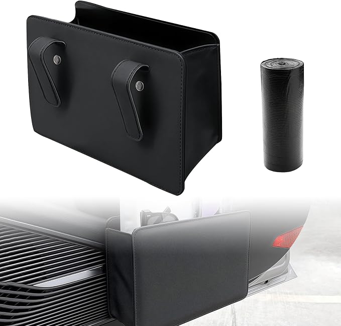 Foldable Car Trash Can, Leather Waterproof Garbage Organizer Holder for Car Interior Hanging with One Trash Bag, Hanging Dustbin Container for Truck & SUVs (Black)