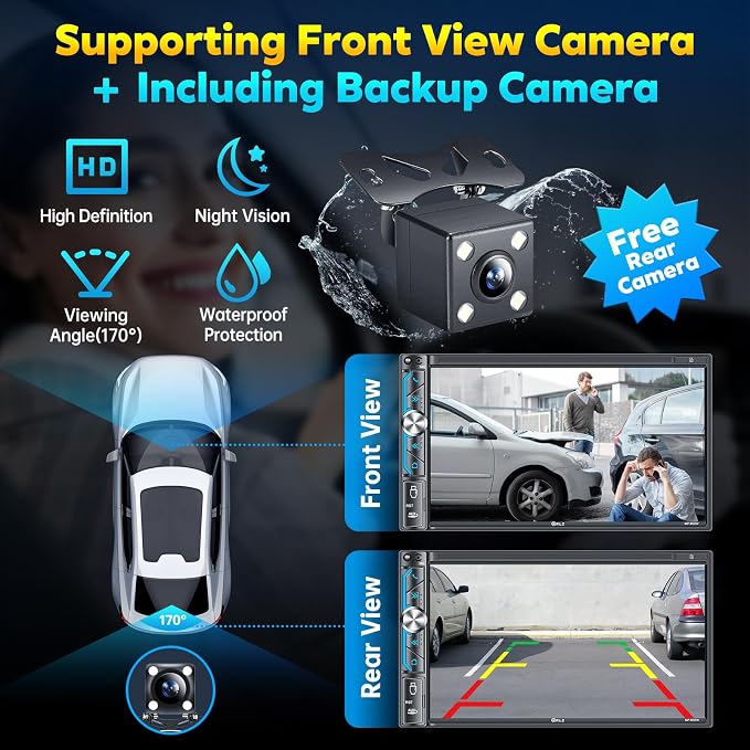 7" Wireless Double Din Car Stereo Apple Carplay Radio Screen for Car Audio Receivers, Bluetooth 5.3 Car Play Android Auto Touchscreen, 240W 4.2 CHN 2 Subwoofers Outputs, Backup Camera, SWC, FM/AM