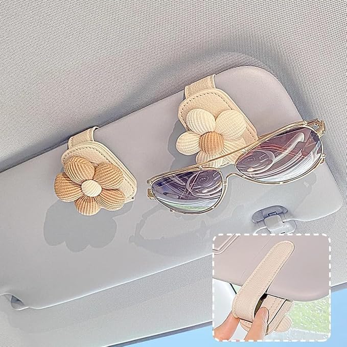 Flower Sunglass Holder for Car Visor – Decorative Sun Visor Clip,Eyeglass Hanger Organizer for Women,Scratch‑Free Glasses Storage Different Size Eyeglasses (Beige Flowers)