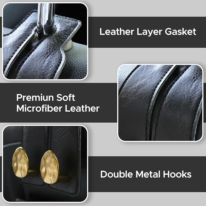 Leather Car Purse Hook for Headrest, 2 Pack, Black-Gold | Twin Hooks Headrest Hangers, 2/4 Pack, No-Slip, Scratch-Proof, Holds Purses, Backpacks, Grocery Bags, Car Organizer Gift