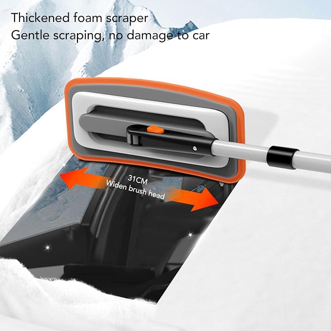 Snow Broom Ice Scraper, No-Scratch Foam Brush 31x15x 90cm Telescoping Snow Broom Extendable Ice Removal Tool with Foam Handle for Window Windshield, Snow Rake/Snow Broom with Pole (Orange)