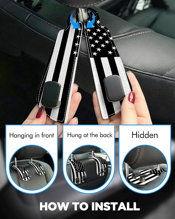 Purse Holder for Car, 2 Pack Heavy Duty Purse Hanger for Car, PU Leather Car Seat Hooks for Purses and Bags, Cute Flag Headrest Organizer for Handbags & Backpacks