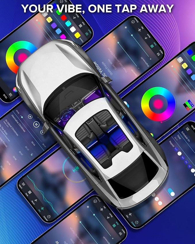 Car Interior LED Strip Lights with Smart App & Remote Control, Music Sync Under Dash Footwell Ambient Lighting Kit, 12V Cigarette Lighter Powered Internal Decor Lights for Cars, Trucks, SUVs