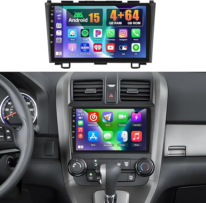 [4+64G] Android 15 Car Radio for Honda CRV 2007-2011, Car Stereo with Wireless Carplay Android Auto GPS Navigation WiFi 9 Inch Touchscreen WiFi Bluetooth FM/RDS Rear View Camera Microphone