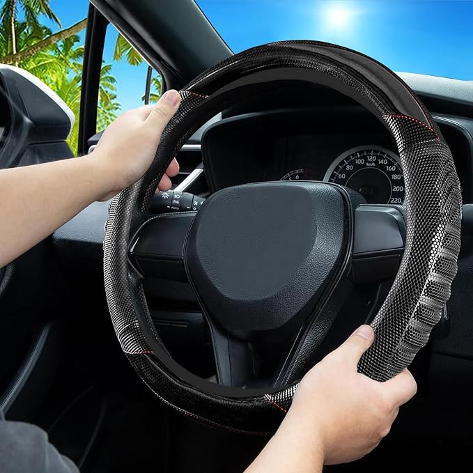 5D Honeycomb Black Car Steering Wheel Cover,14.5-15 Inch Universal Carbon Fibre Leather Covers Breathable Anti-Slip Odorless Steering Wheels Accessories for Men Women