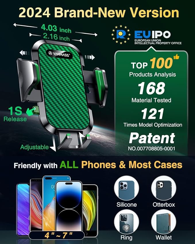 Phone Holders for Your Car 2026 Ultimate Phone Mount Military-Grade Windshield Dashboard Vent【Newest Best Strongest】 Cell Phone Car Mount for iPhone 16 Pro Max 15 Samsung Android,Green