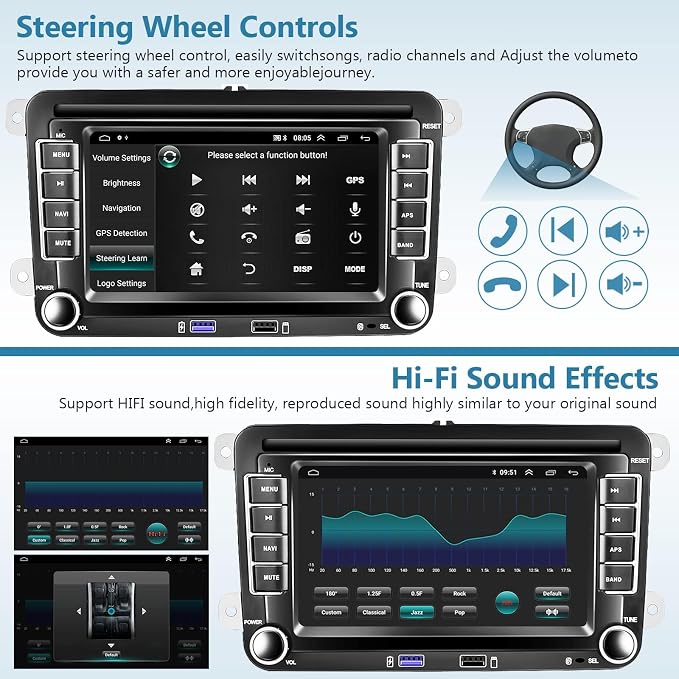2G+64G Android for VW Jetta Seat Passat Tiguan CC Golf Skoda Double Din Car Stereo with Wireless Carplay/Android Auto 7 Inch HD Touchscreen Head Unit