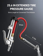25.6'' Heavy-Duty Tire Pressure Gauge with Inflator, Dual Head Chuck ANSI B40.1 Accurate Tire Inflator with Pressure Gauge, 10-120PSI, Compatible with 1/4" NPT Air Compressor