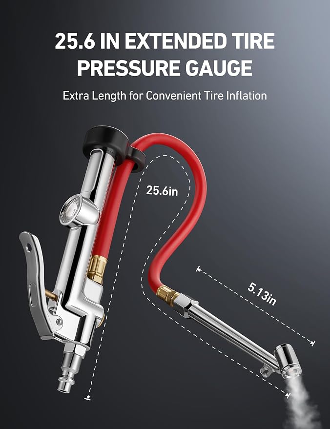 25.6'' Heavy-Duty Tire Pressure Gauge with Inflator, Dual Head Chuck ANSI B40.1 Accurate Tire Inflator with Pressure Gauge, 10-120PSI, Compatible with 1/4" NPT Air Compressor