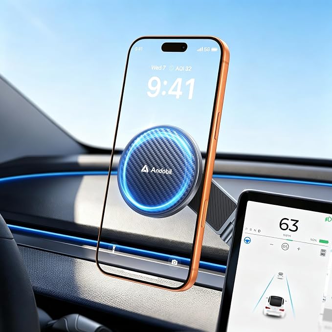 3rd Gen Tesla Phone Mount 【Upgrade Adhesive & Upgrade Stongest Magnet】 Phone Holder for Tesla New Model Y Juniper Model 3, 360° Adjustable Tesla Phone Holder fits iPhone 17 16 15 14 Pro Max