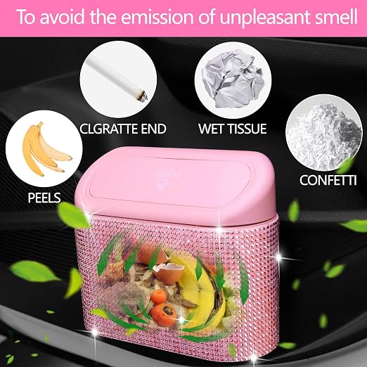 Bling Pink Car Trash Can with Lid, Mini Auto Garbage Can with 30 Trash Bags, Automotive Garbage Container Bin, Bling Car Accessories Trash Can for Women (Pink Diamond)