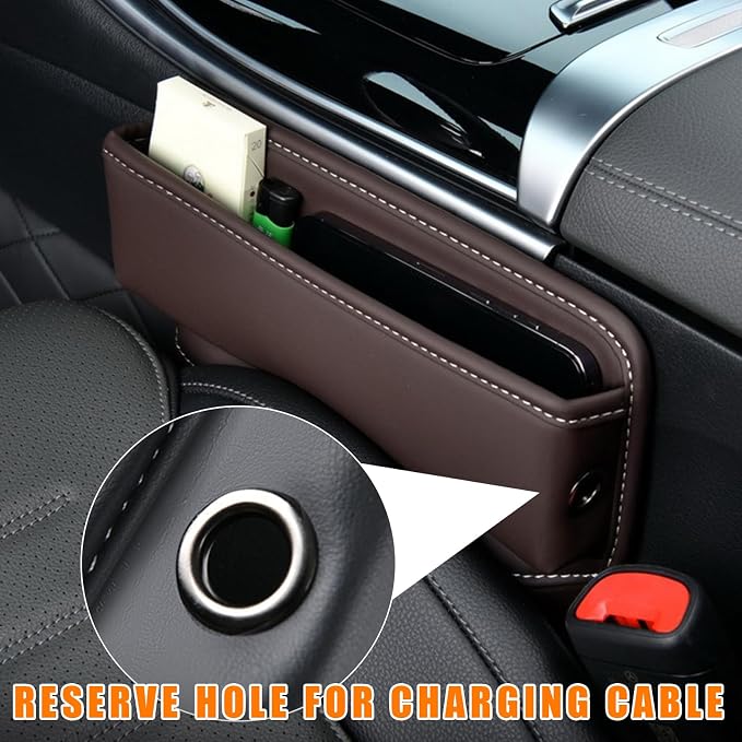 Car Seat Gap Organizer, Premium Leather Auto Seat Storage Box, Vehicle Adjustable Front Seat Gap Filler, Car Seat Side Pocket Organizer for Phones, Glasses, Keys, Money, Cards (Coffee)