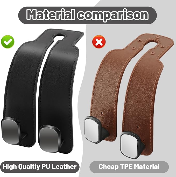 Amelity Purse Hook for Car, Car Seat Headrest Hooks for Purses & Bags | Car Interior Accessories for Women, Heavy Duty Leather Purse Hanger for Car, 2 Pack Black
