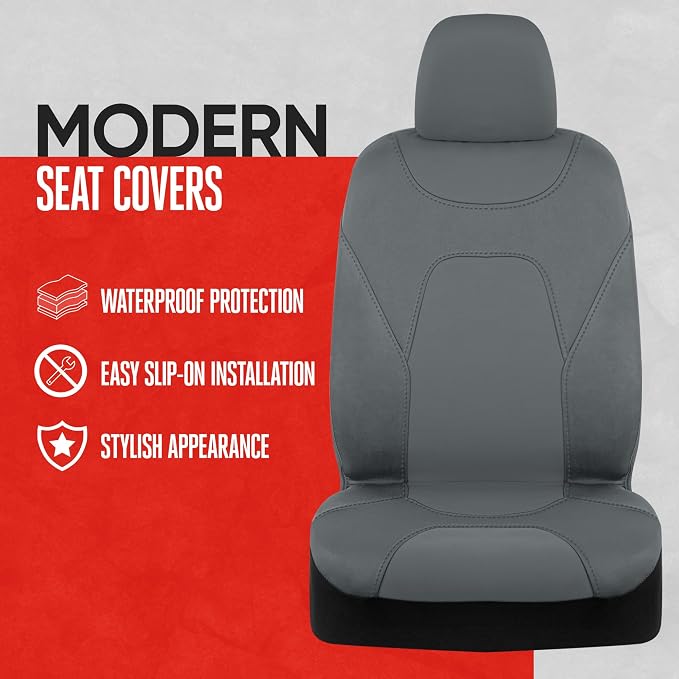 AquaShield Waterproof Front Seat Covers, Solid Gray Seat Covers for Cars – Neoprene Front Car Seats Cover, SUV Seat Covers Protector - Car Interior Cover for Auto, Trucks, & Dog Owners
