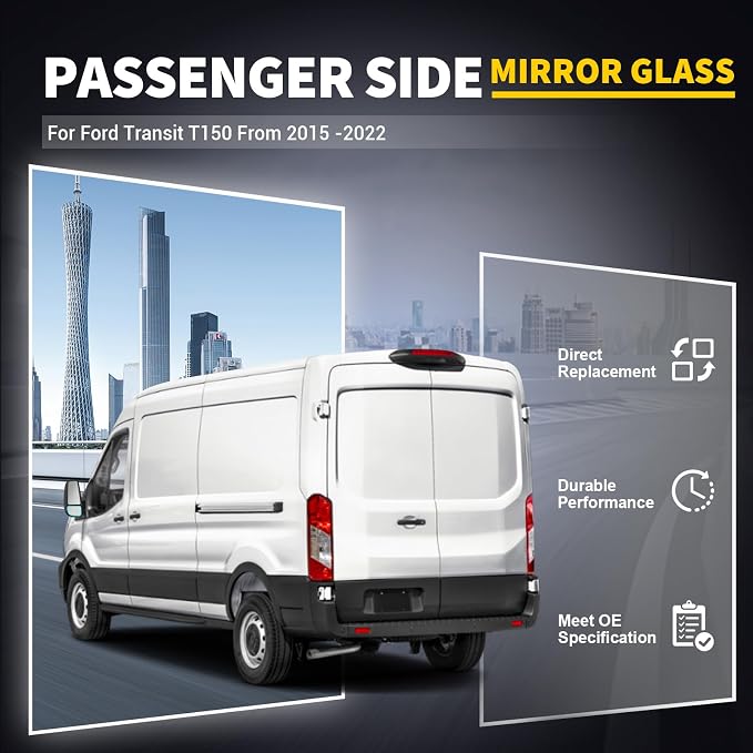 Driver Lower Side Mirror Glass Compatible with 2015-2025 Ford Transit 150 250 350 2023-2025 E-Transit Replace BK3Z17K707B BK3Z17K707C