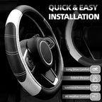 6 Pcs White Car Accessories Set, Sport Leather Steering Wheel Cover 14.5-15inch Universal, Microfiber Leather Car Center Console Cover, Seat Belt Cushion, Cup Holder Coaster (Black-White)