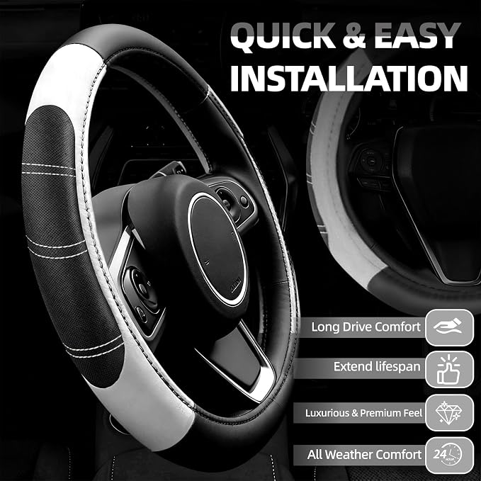 10 Pcs Car Floor Mats Full Set & Sport Leather Steering Wheel Cover 14.5-15 inch, Center Console Cover, Seat Belt Cushion, Cup Holder Coaster, Universal Automobile Interior Sets (White)