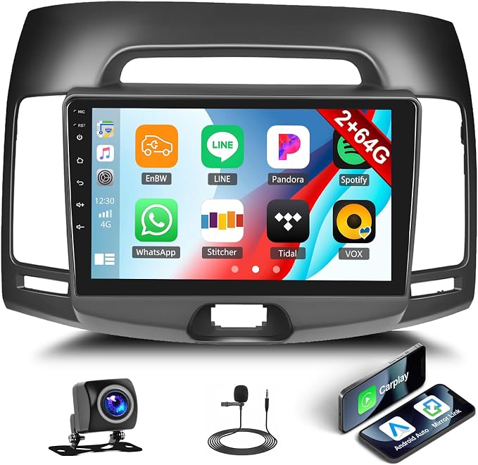 [2+64G]Android 15 Car Stereo for Hyundai Elantra 2007 2008 2009 2010 with Wireless Carplay&Android Auto,9 Inch Touch Screen Car Radio with GPS WiFi Bluetooth FM/RDS Radio SWC AUX-in+AHD Backup Camera
