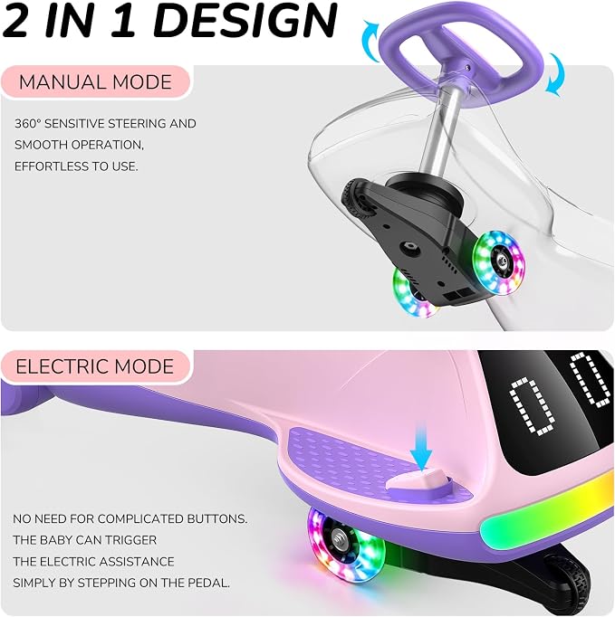 12V Electric Wiggle Car for Kids with Pedal, Display, Rechargeable Battery, LED Light, Bluetooth, Light-Up Wheels, Anti-Rollover, 2 Speeds, Ride on Toys, Birthday Gifts for Age 3+, 150Lbs