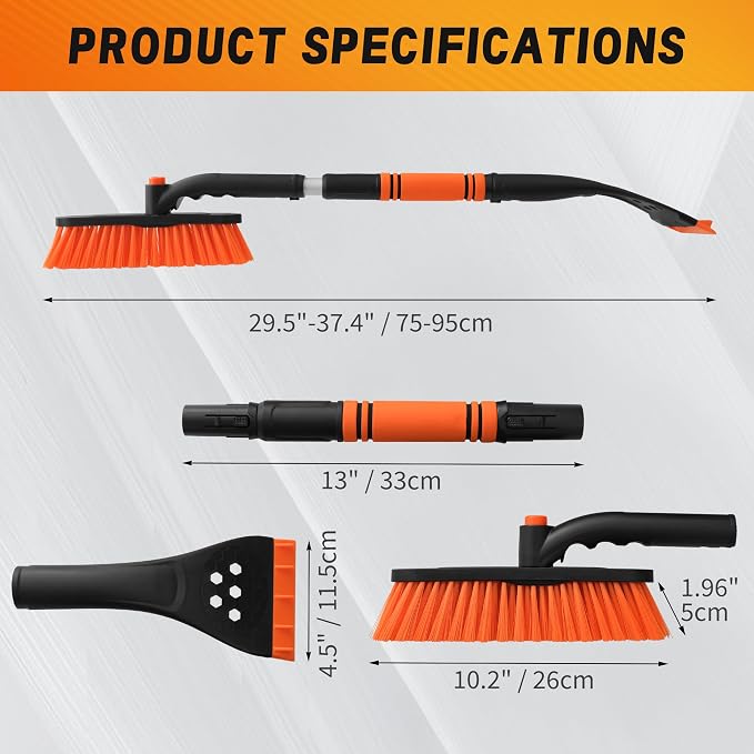[Upgrade] 36" Extendable & Removable Snow Brush with Ice Scraper for Car Windshield, 360° Pivoting Brush Head, EVA Foam Grip for SUV, Trucks, Auto