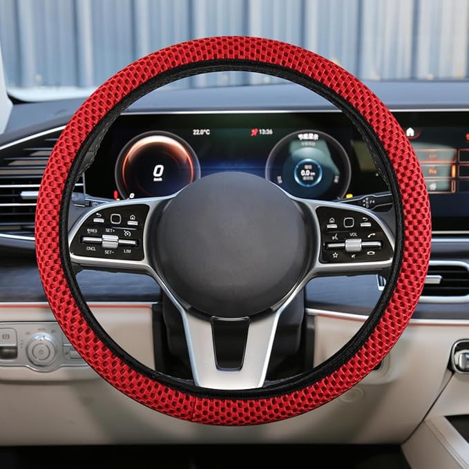 Elastic Stretch Steering Wheel Cover, Anti-Slip, 15inch, Red | Microfiber Odorless Breathable Ice Silk Car Steering Wheel Protector, Easy Carry, Warm in Winter & Cool in Summer