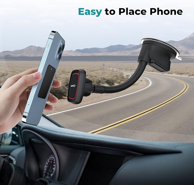 Magnetic Phone Holder for Car, Dashboard Windshield Phone Holder Mount with Flexible Arm & Built-in Strong Magnets, Suction Cup Phone Holder for Car Compatible with All Smartphones