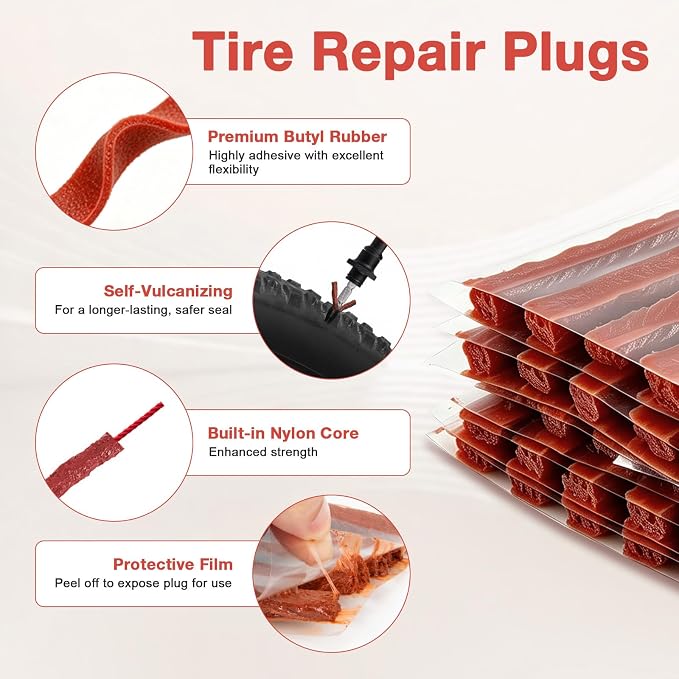 Sixzoo 30 PCS Tire Plugs Heavy Duty, 8" X 0.24" Tire Repair Plugs, Rubber Tires Plug, Tires Repair Strings for Tubeless Puncture Car, RV, SUV, ATV, Motorcycle, Truck,Tractor (Brown)