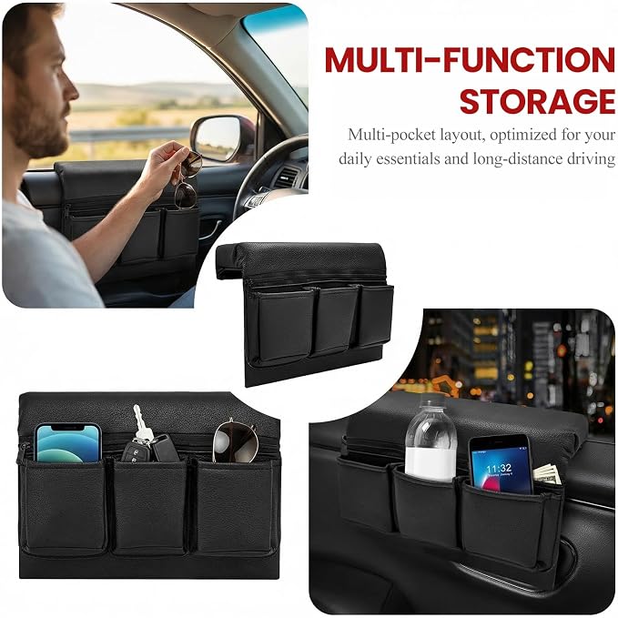 Car Door Side Storage Pocket, Leather Auto Window Armrest Pad with Multiple Pockets, Multi-Functional Door Storage Bag Elbow Rest Pad for Cars Trucks SUVs, Car Accessories
