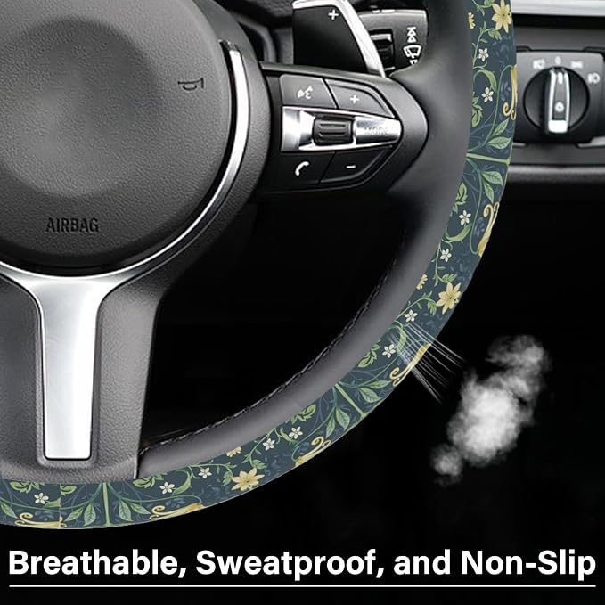 Green Flowers Plants Steering Wheel Cover, Cute Print Steering Wheel Cover Protector, Personalized Pattern Design, Car Accessories for Women, for Steering Wheel with a Diameter of 14.5"-15"
