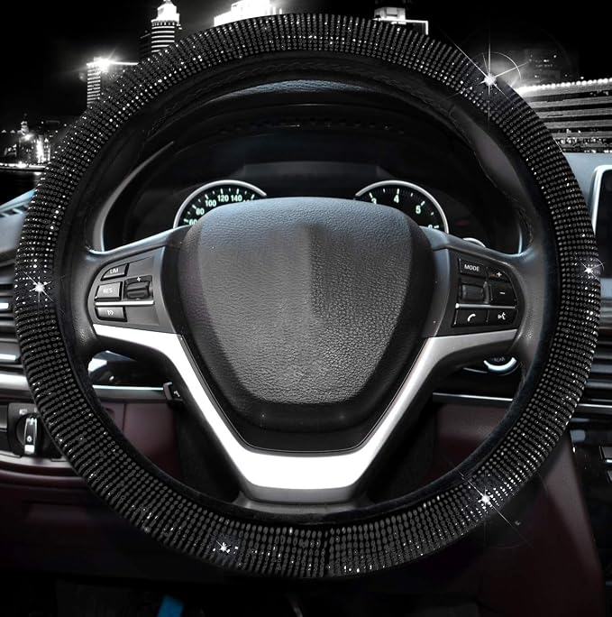 Steering Wheel Cover for Women Men Bling Bling Crystal Diamond Sparkling Car SUV Wheel Protector Universal Fit 15 Inch (Black with Black Diamond, Standard Size(14" 1/2-15" 1/4))