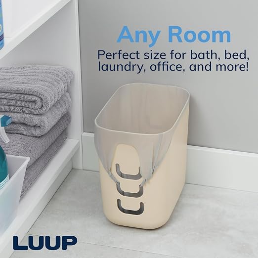 Luup Bathroom Wastebasket, Secure Grocery Bags, Plastic Garbage Container for Vanity, Laundry Room, Kitchen, Office, 2.5 Gallon, Beige, Made in USA