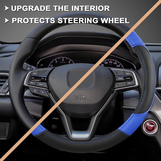 Microfiber Leather Steering Wheel Cover for Honda Accord,Civic,CR-V,HR-V,Pilot(Diamond-Pattern-Black+Blue-Standard Size)