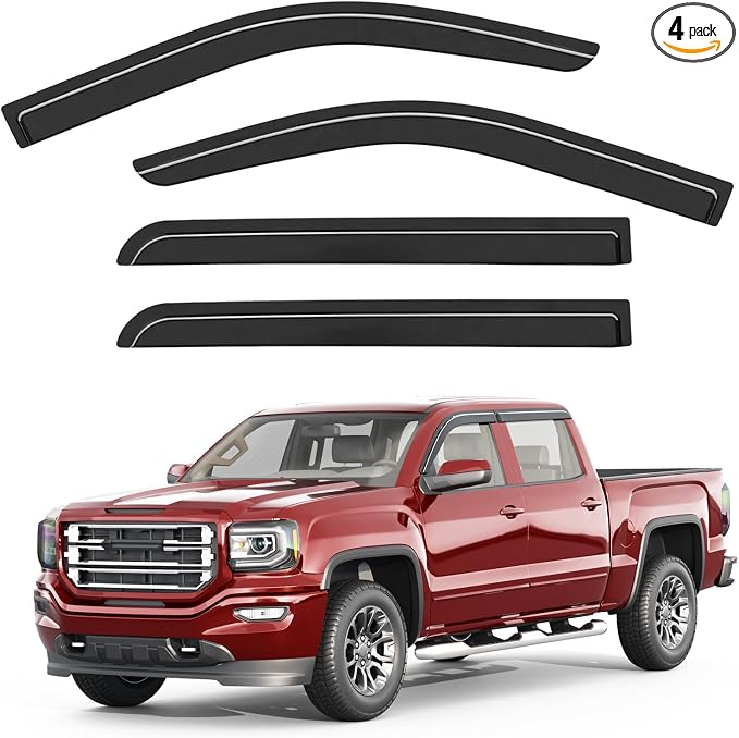 Outside-Mount Window Rain Guards for 2014-2018 Chevy Silverado/GMC Sierra 1500 Crew Cab & 15-19 Silverado/Sierra 2500HD 3500HD, Window Visors Deflector Dark Smoke Vent Shades Car 4-pcs