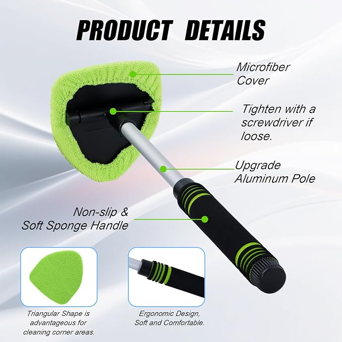 7 PCS Windshield Cleaning Tool, 19" Windshield Cleaner Kit with Extendable Handle, Microfiber Towel Pads, Brush, Empty Spray Bottle for Auto Glass Interior (Green)
