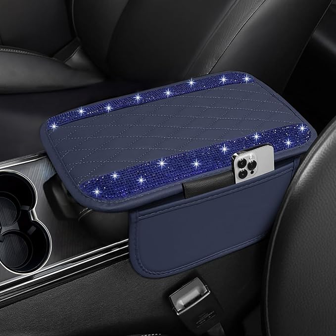 Bling Blue Car Center Console Cover, Leather Car Arm Rest Cover with 2 Storage Bags, Universal Auto Armrest Protector Storage Box, Bling Accessories Interior for Most Vehicles