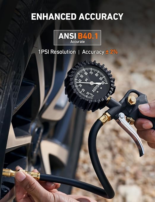 Tire Pressure Gauge with Inflator, 100 PSI-ANSI B40.1 Accurate, Large 2.5" Easy Read Glow Dial, Heavy Duty Air Chuck and Compressor Accessories with Rubber Hose and Quick Connect Coupler