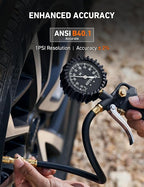 Tire Pressure Gauge with Inflator, 100 PSI-ANSI B40.1 Accurate, Large 2.5" Easy Read Glow Dial, Heavy Duty Air Chuck and Compressor Accessories with Rubber Hose and Quick Connect Coupler