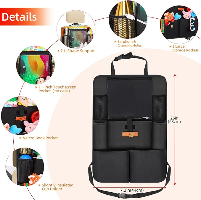 Car Organizers and Storage, Upgraded Car Seat Organizer with 11-inch Touch Screen Tablet Holder, Backseat Car Organizer with 8 Pockets, Car Seat Protector Road Trip Essentials for Kids