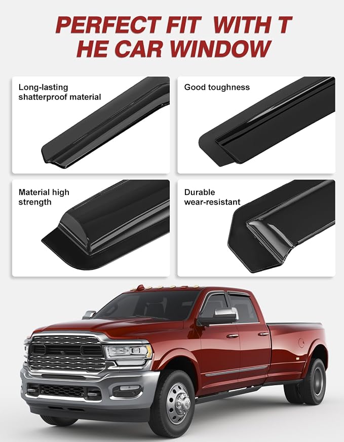 Outside-Mount Window Rain Guards Fit for Dodge Ram 1500 2009-2024/2010-2025 Ram 2500 & 3500, Extra Durable Window Visors Wind Deflector Dark Smoke Vent Shades Car Tape-on with Thicker 4PCS