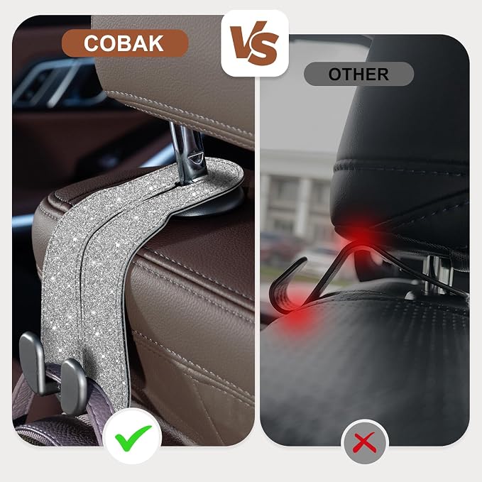 CoBak Purse Hook for Car - Universal Premium Stitched Leather and Aluminum-Magnesium Alloy Double Car Seat Back Storage Hook for Purses, Handbags, Bags (2 Pack),Silver Glitter