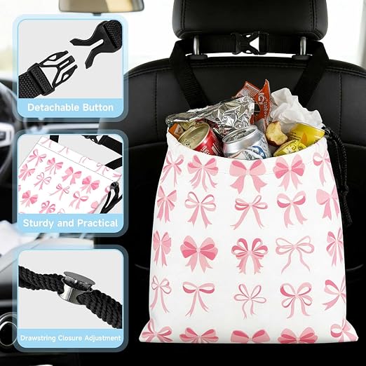 Cute Bow Car Trash Bag - Waterproof Car Trash Bag Hanging Leakproof Car Garbage Bag - Washable Reusable Trash Bag for Car Interior Hanging Organizer Storage Vehicle Travelling Camping