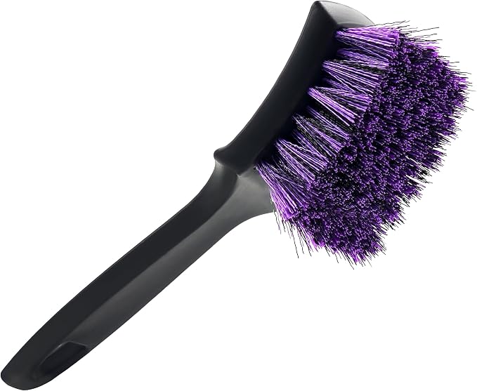 Pro Tire Cleaning Brush, Stiff Mixed Bristles Tire Cleaner, Short Handle Scrub Brush for Cleaning Sidewalls, Rubber Mats & Wheels, Anti-Deformation Tyre Detailing Tool, Purple/Black