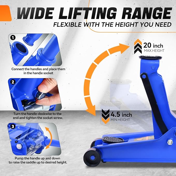 4 Ton Low Profile Floor Jack, Heavy Duty Steel Hydraulic Car Jack with Dual Pistons Quick Lift Pump, Hydraulic Racing Floor Jack, Lifting Range 4.5" to 20", Blue